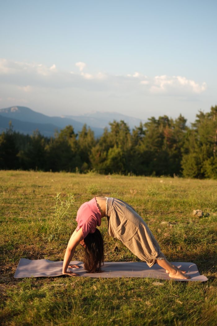 About Woman performing yoga in a serene outdoor setting with a scenic view of mountains and trees.